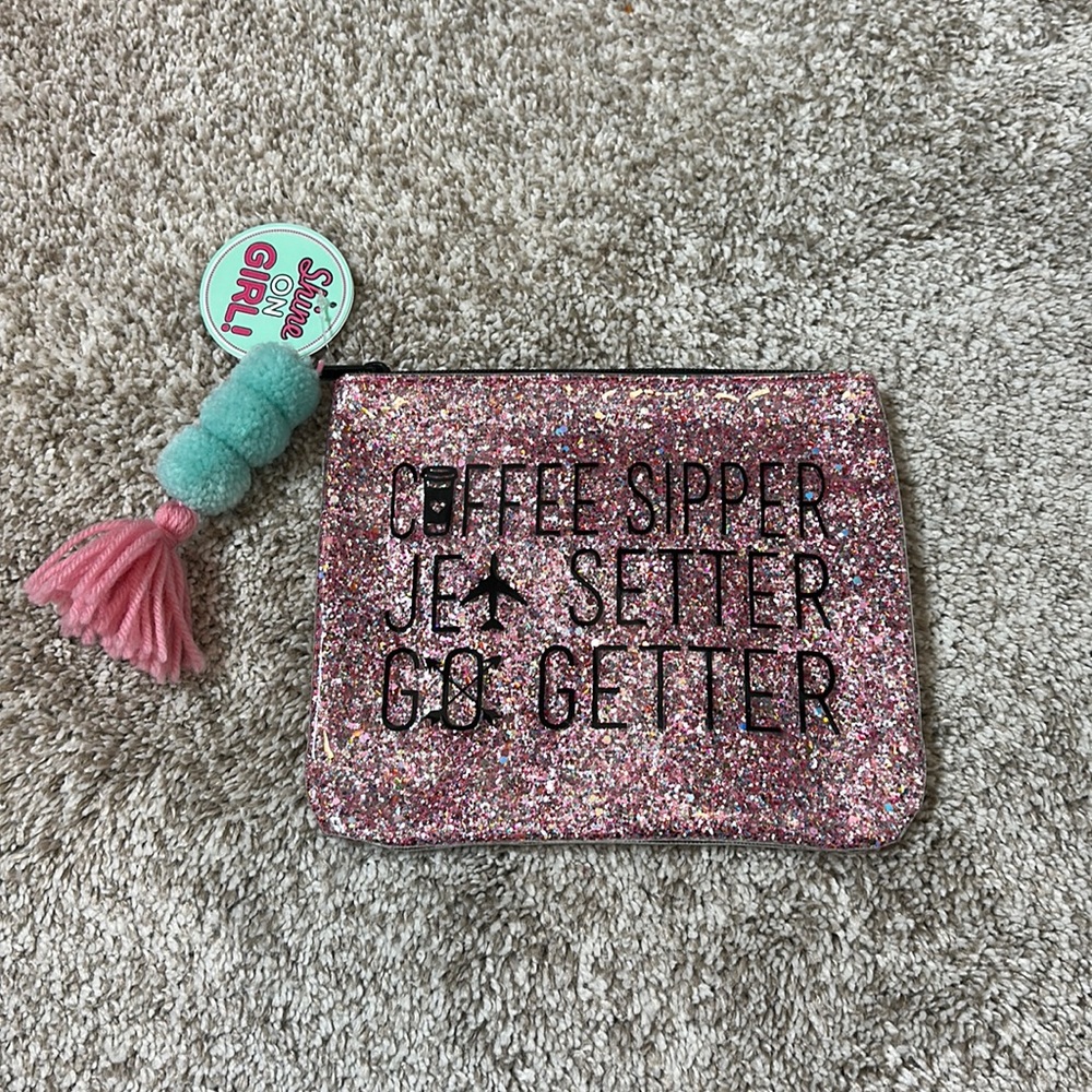 Coffee Sipper, Jet Setter, Go Getter Pink Glitter Travel Pouch
